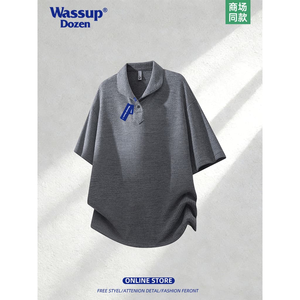 WASSUP DOZEN Textura Lapela Camisa POLO Manga Curta Camiseta Masculina Verão Novo Estilo Retro Cor Sólida Estilo Dinheir