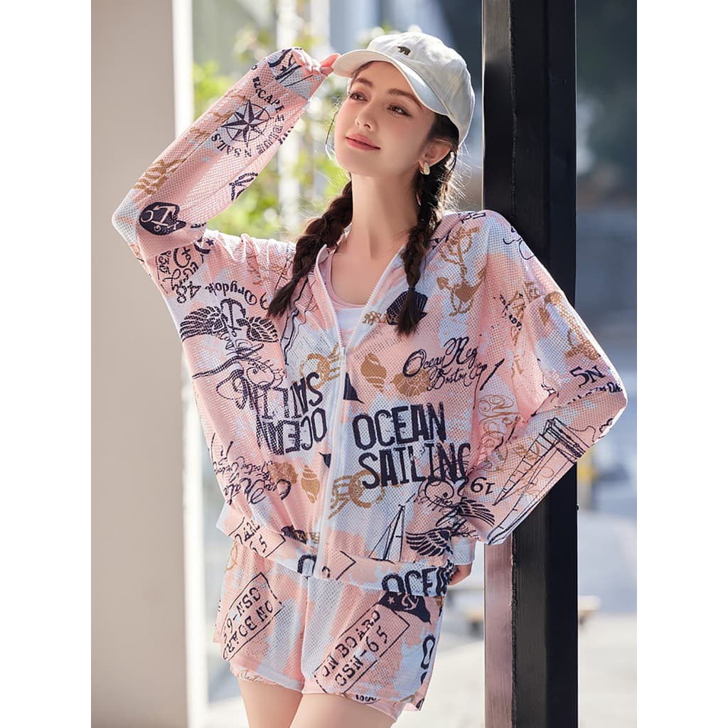 2026 verão novo estilo maiô blusa feminina divisão de três peças de manga comprida protetor solar capa barriga mais magr