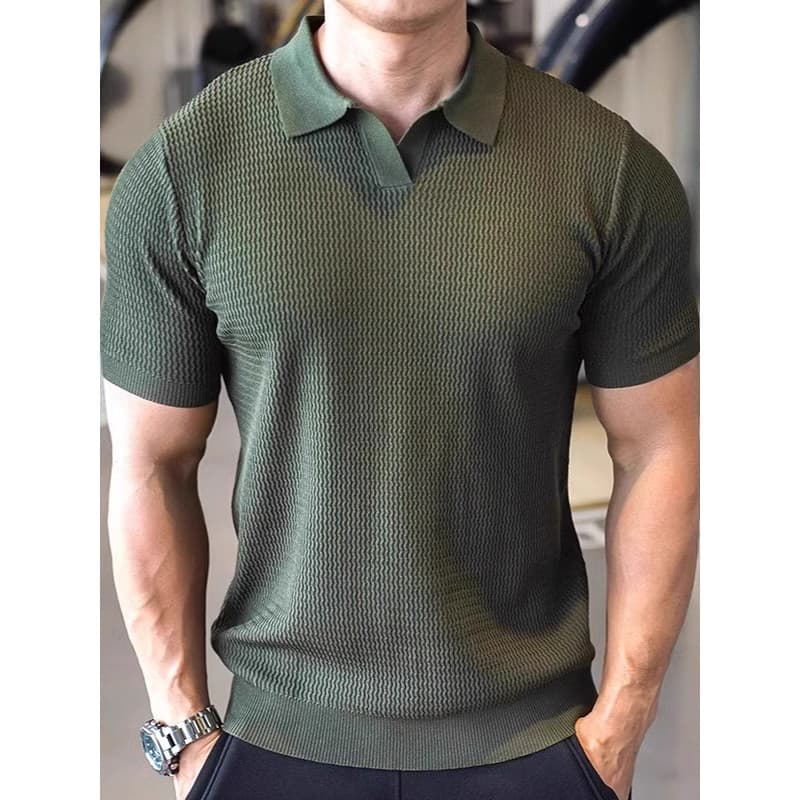 Americano esportes Casual com decote em V camisa Polo masculina malhas de manga curta camiseta solta lapela cor sólida t