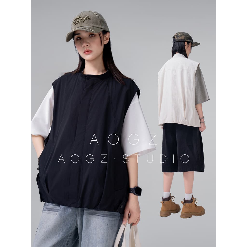 AOGZ novo estilo chinês colete masculino feminino verão pequeno gola alta rua Wear solto protetor solar ao ar livre sem