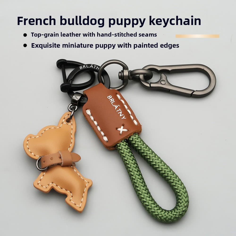Chaveiro de couro genuíno feito à mão, cordão anti-perda, pingente de Bulldog Francês, chaveiro para carro, corda trança