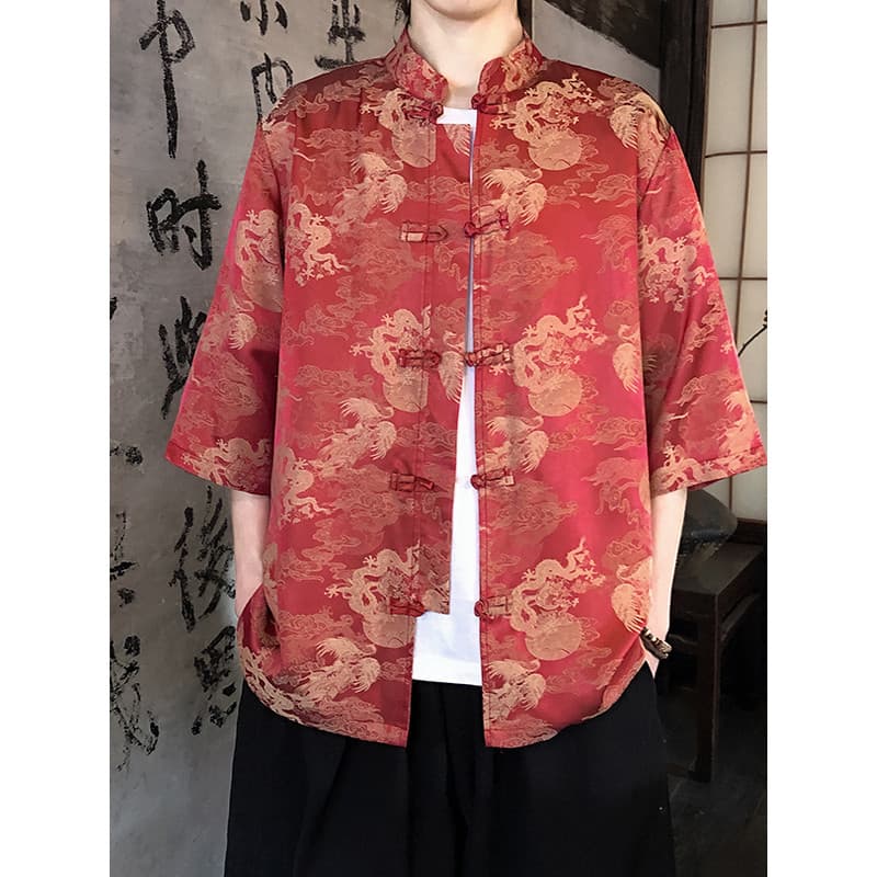 T Tang terno masculino verão fino camisa de manga curta estilo chinês dragão Phoenix Jacquard Retro abotoado novo estilo