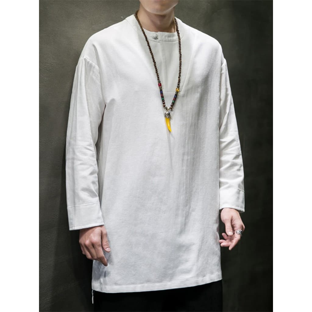 Estilo chinês de manga comprida camiseta masculina Layman roupas Zen soltas Retro abotoado Hanfu topo de comprimento méd