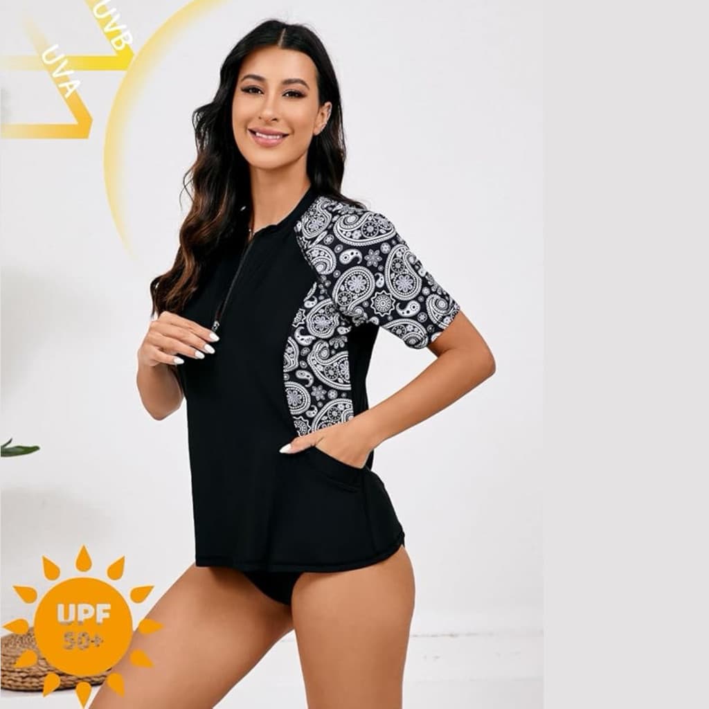 Amber Plus Fat UPF50 + Fat MM Plus Size Senhoras Meio Zíper Split Maiô Manga Curta Protetor Solar Top Sem Almofada no Pe