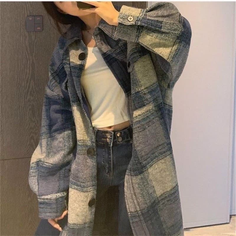 Estilo coreano temperamento azul novo estilo xadrez jaqueta feminina única camada outono inverno High-End engrossado lon