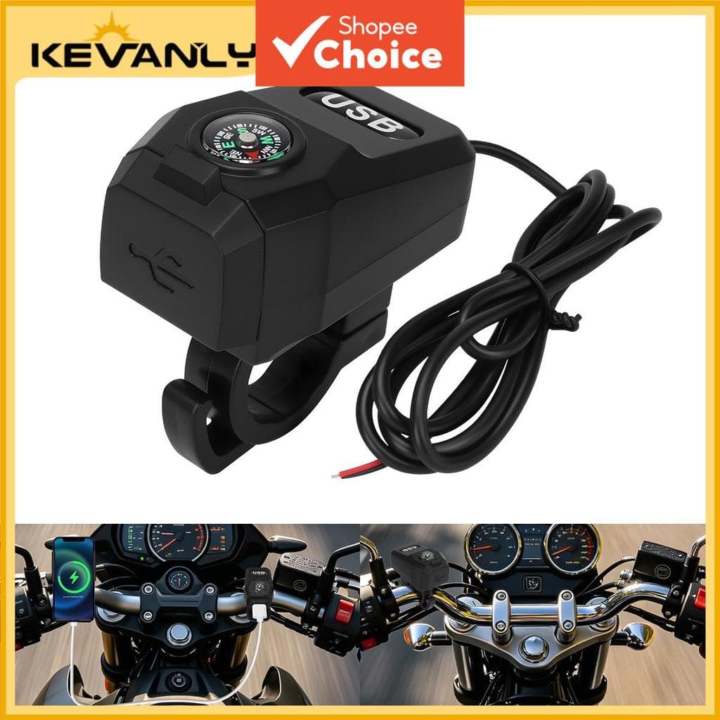 KEVANLY 1 unidade carregador de moto bússola + função USB, manopla preta, 12-24V, à prova d’água