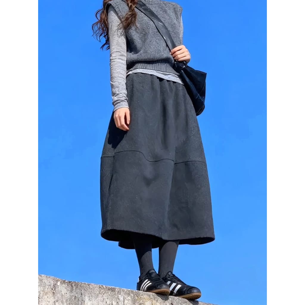 Saia cinza inverno profundo coreano saia de lã feminina Bud saia gordura mm escondendo virilha a linha saia em forma de