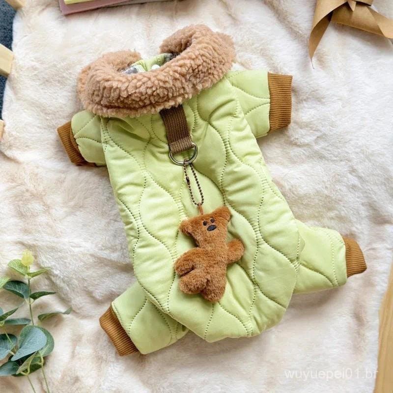 Filhote De Cachorro Roupas Quentes Verde Grosso-Aquecido Ornamento Pequeno De Uma Peça Com Botão Pet De Quatro Patas Cas