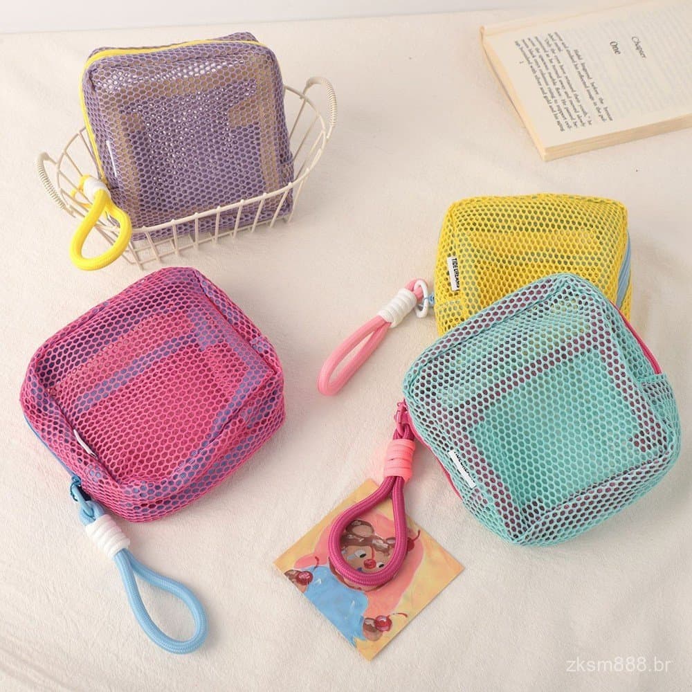 Bolsa de Maquiagem em Malha Quadrada com Zíper - Bolsa de Armazenamento Multifuncional Portátil para Diversos Itens