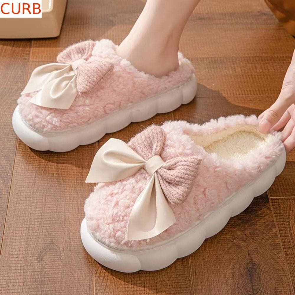 CURB Chinelos De Pele Quente , Quentes De Inverno Para Estudantes De Salto Plano Antiderrapantes Casa E Quarto Com Laço