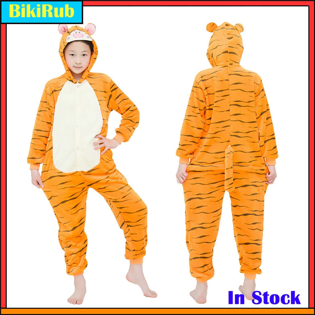 Natal Kigurumi Kids Flanela Jumping Tiger Onesie-Conjunto De Pijamas E Fantasias Aconchegantes Com Cabeça 3D , Incrível