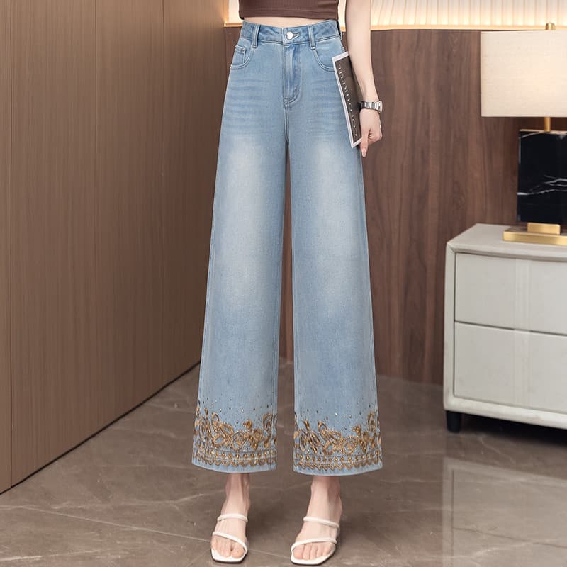 Indústria pesada bordado cortado Jeans feminino verão fino 2026 novo estilo cintura alta solta Drape Casual em linha ret