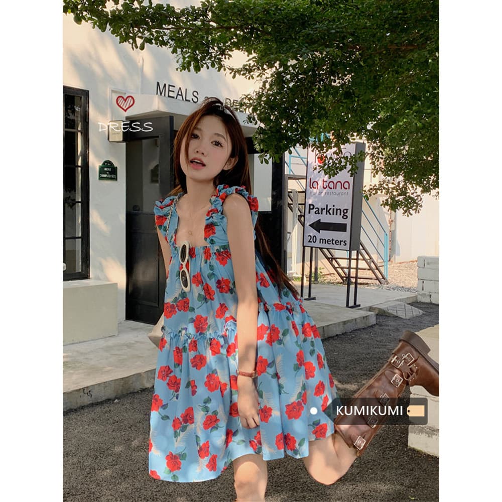 Retro fungo borda Floral saia estilingue vestido feminino verão solto mais magro olhar à beira-mar férias estilo doce sa