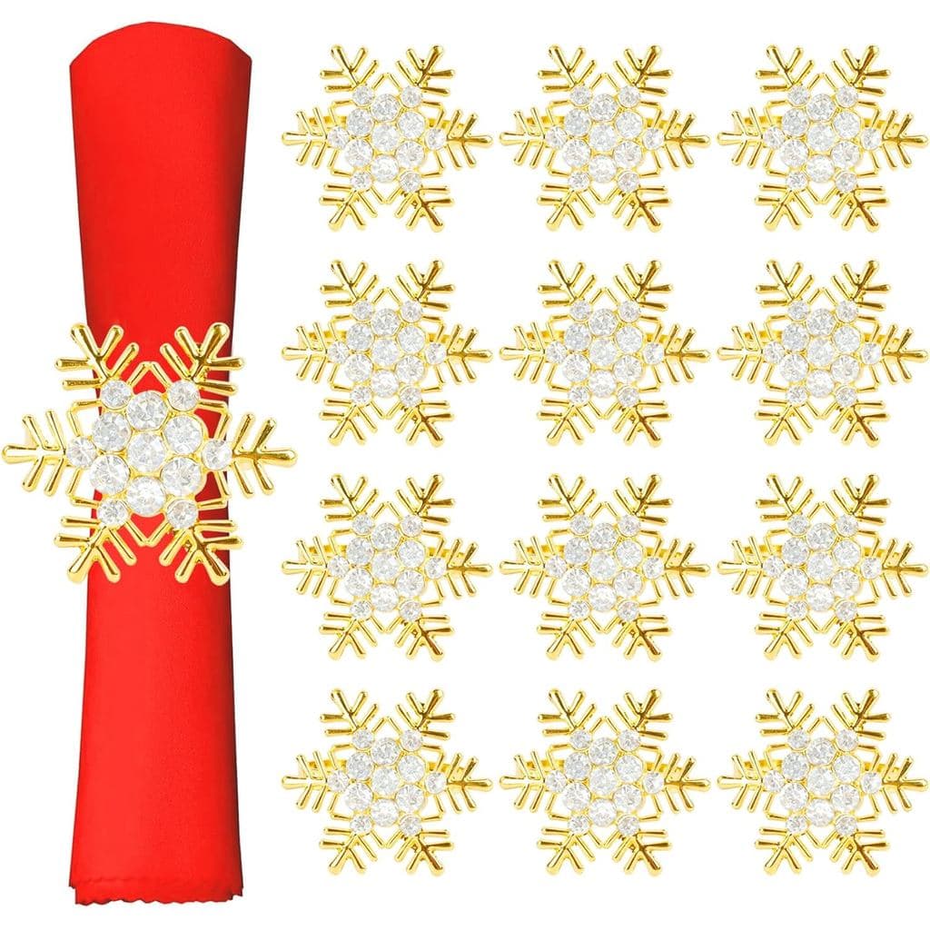 Conjunto de 12 Anéis de Guardanapo Dourados em Forma de Floco de Neve, Anéis de Guardanapo para Festas, Anéis de Guardan