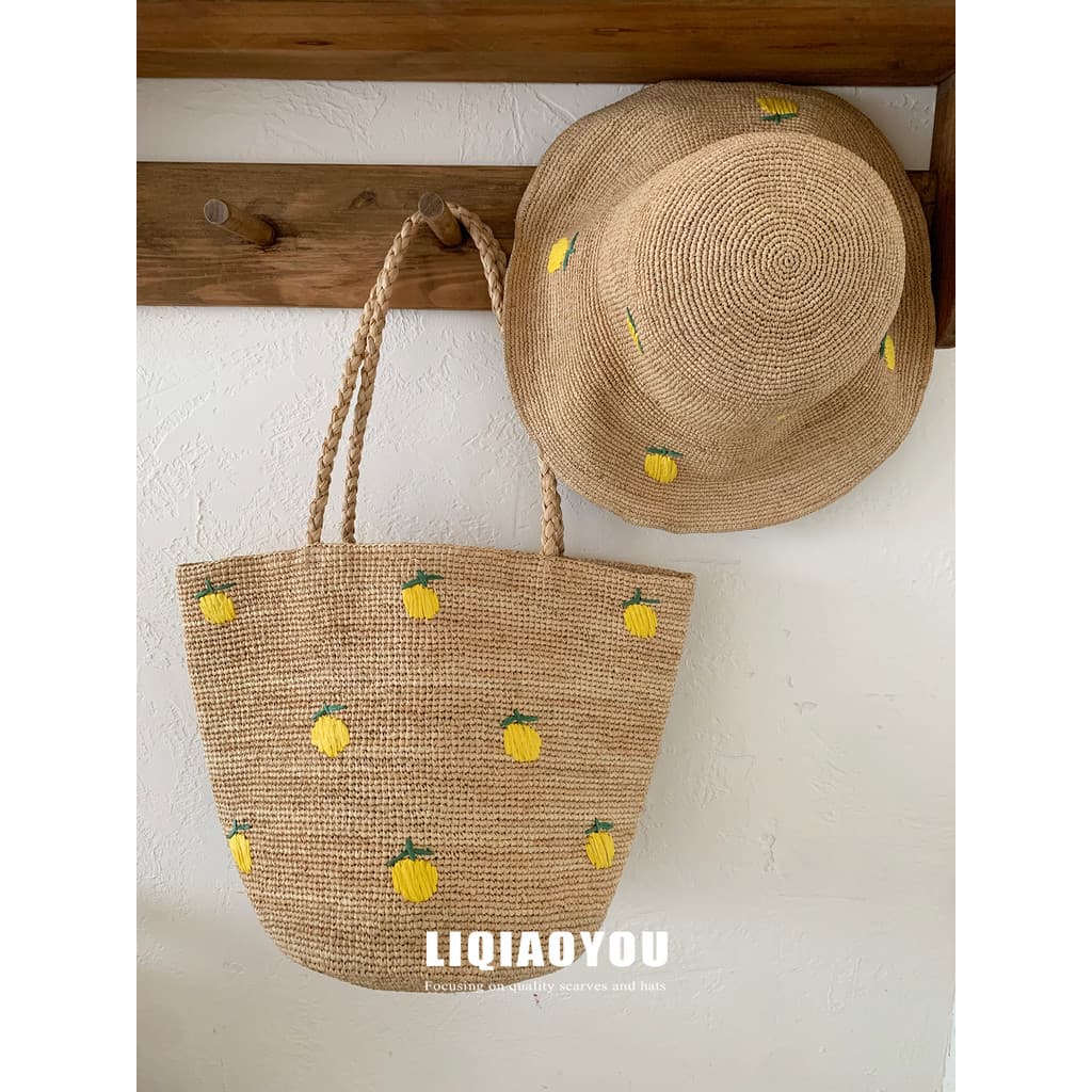 Li Qiaoyou 100% Ráfia Bolsa de Palha Bordada à Mão Chapéu Feminino Primavera Verão Sacola de Férias de Grande Capacidade