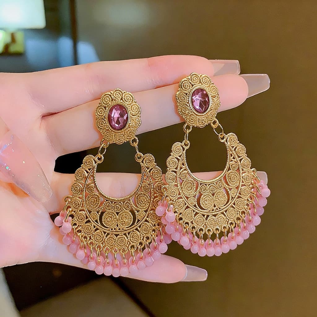 Novo Brinco De Cristal Rosa Para Mulheres Boho Vintage Cor Dourada Oco Contas Redondas Borla Brincos Noiva Jóias De Casa