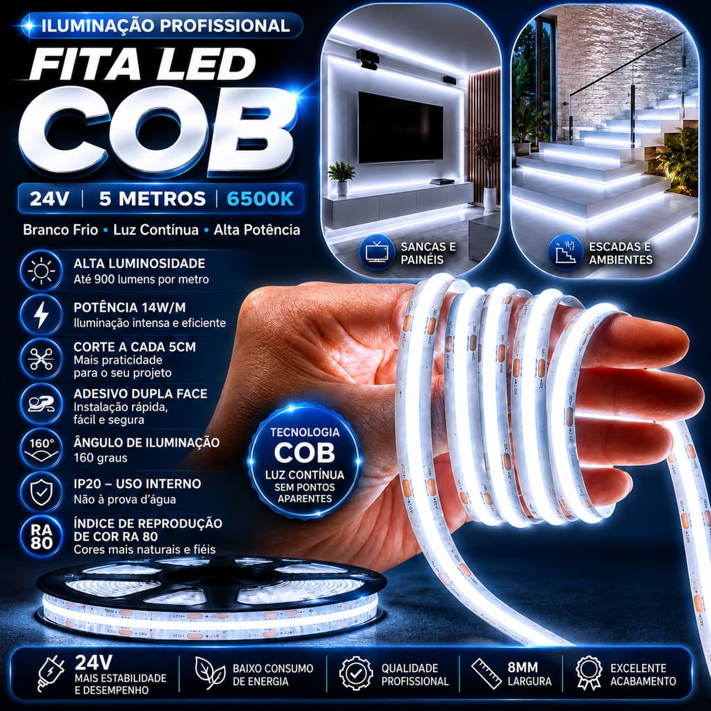 FITA DE LED COB 5 METROS BRANCO FRIO 6500K ALTA POTÊNCIA 14W/M LUZ CONTÍNUA 8MM PROFISSIONAL DECORATIVA IP20