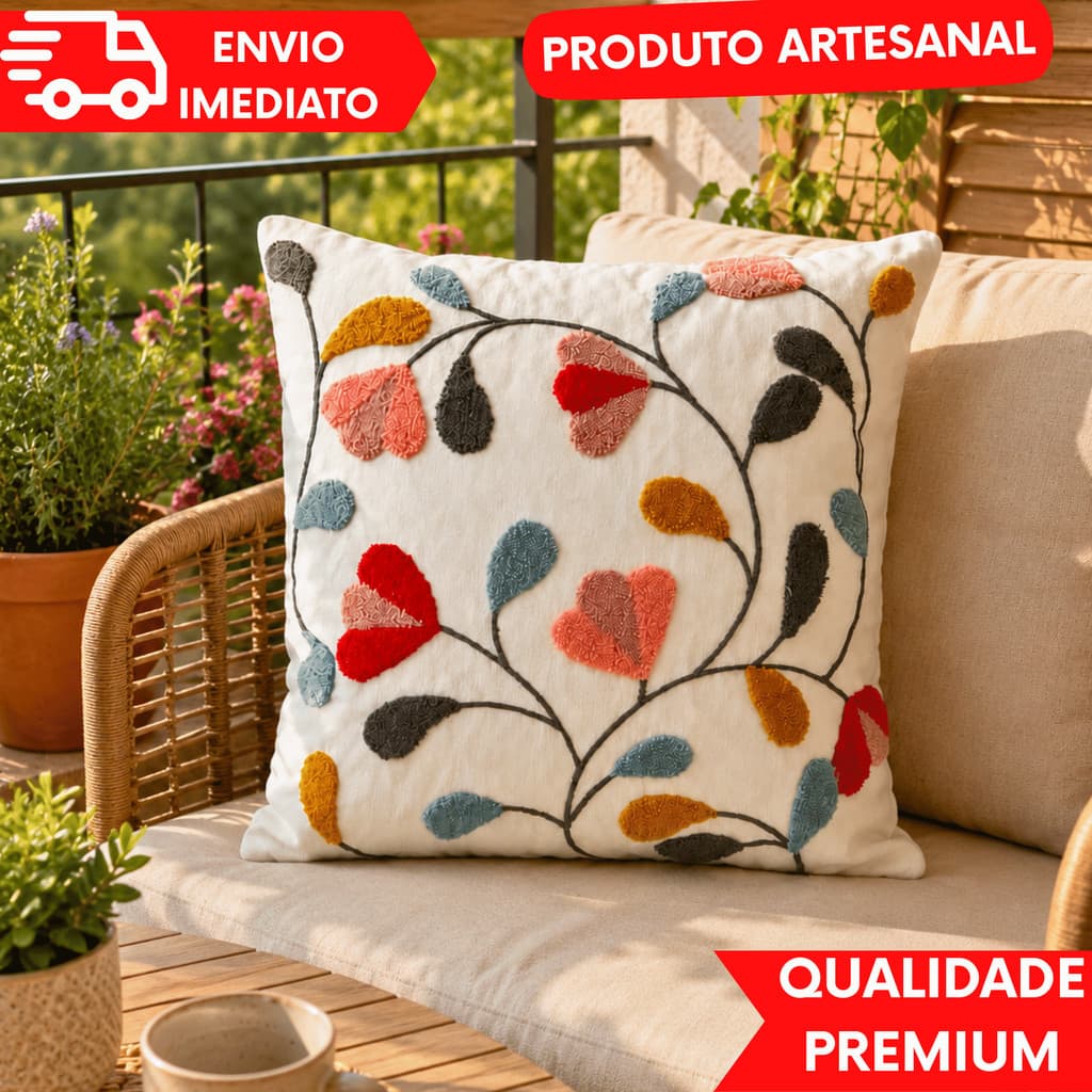 CAPA DE ALMOFADA DECORATIVA BOHO CHIC 45X45 COM BORDADO FLORAL