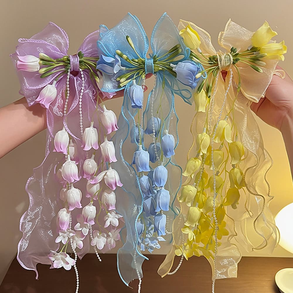Presilhas De Laço Floral DIY , Gaze De Seda , Borlas , Acessório De Cabelo , Lírio Vale , Sino Azul , Orquídea , Grampo
