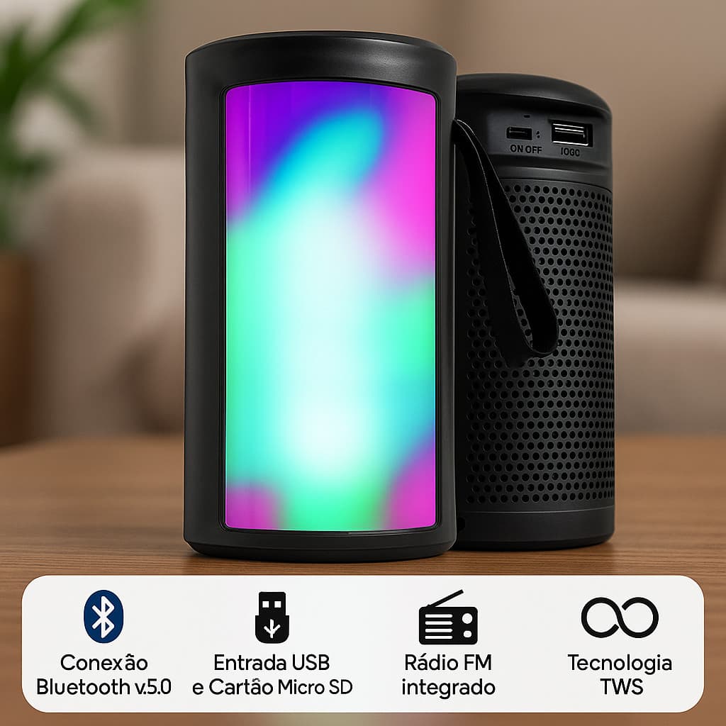 Caixa De Som Bluetooth LED RGB Presente Perfeito Som Alto E Potente Radio FM USB Portatil