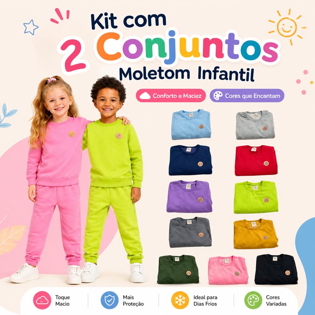 Kit 4 Peças Moletom Inverno Casaco e Calça Menino Menina Várias Cores Infantil Conjunto 1 a 10 anos