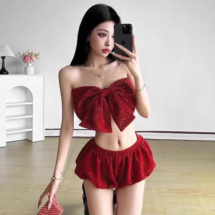 Natal Trobe Wear doce quente menina lantejoulas arco tubo superior colete mais magro olhar cintura alta Bud calças Short