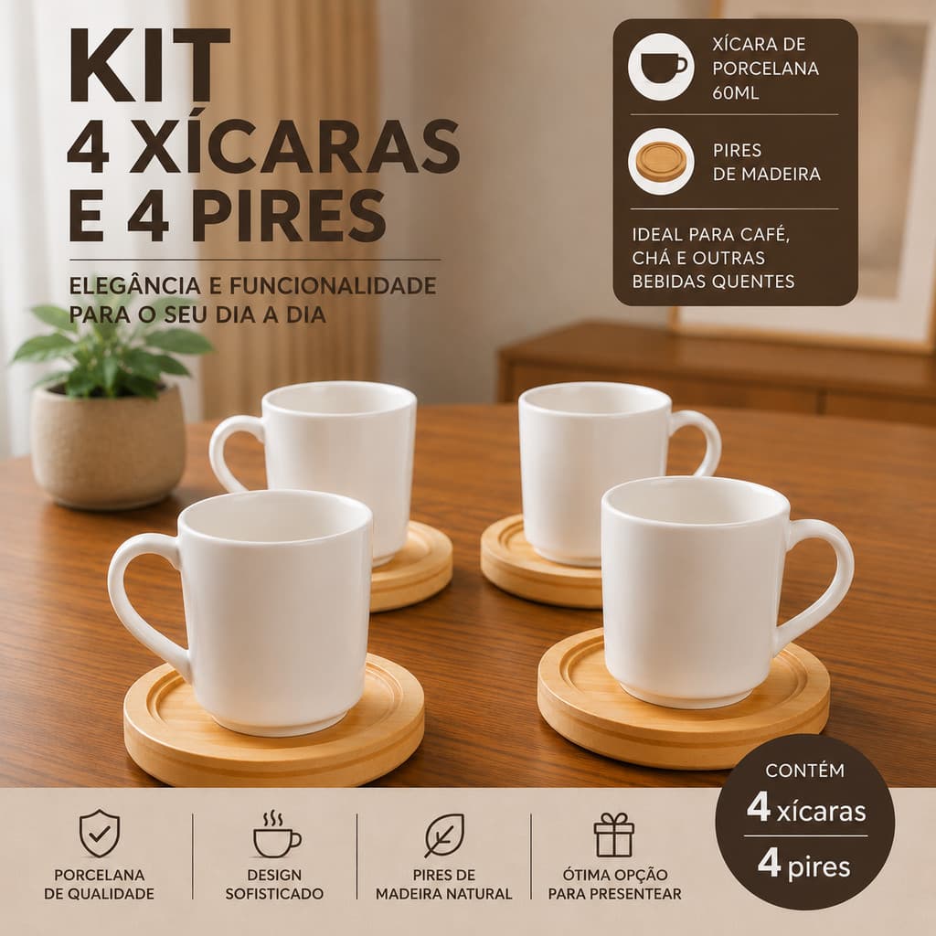 Jogo porcelana premium 4 xícaras branca pires madeira servir café mesa cozinha casa cafezinho bonita