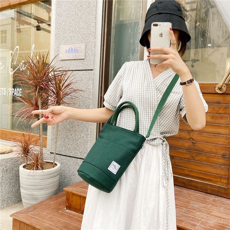 Bolsa mensageiro portátil de lona feminina simples balde bolsa de ombro mamãe lancheira de transporte de mão como bolsa