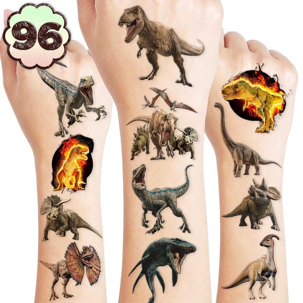 96PCS Tatuagens Temporárias 3D de Dinossauro Pré-Cortadas - Adesivos para Suprimentos de Festa de Aniversário, Decoraçõe
