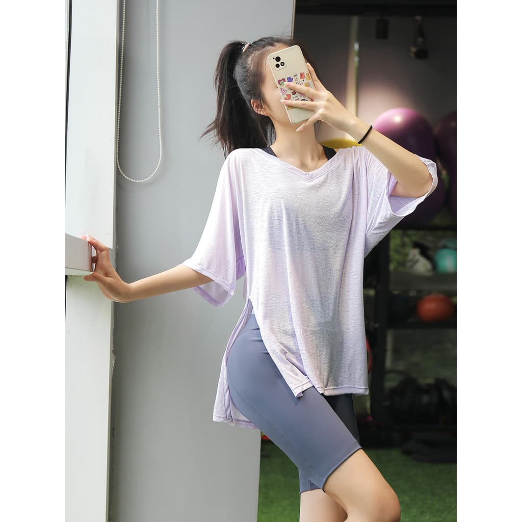 Verão Split yoga blusa feminina solta de manga curta de secagem rápida protetor solar camisa exterior Hip-cobrindo Fitne