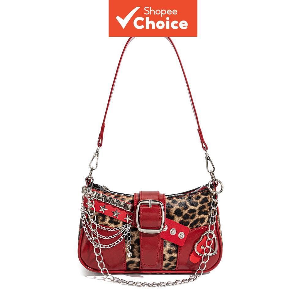 Bolsa de ombro com estampa de leopardo Y2K, corrente punk e rebites; bolsa tiracolo de couro vermelha vintage, estilo