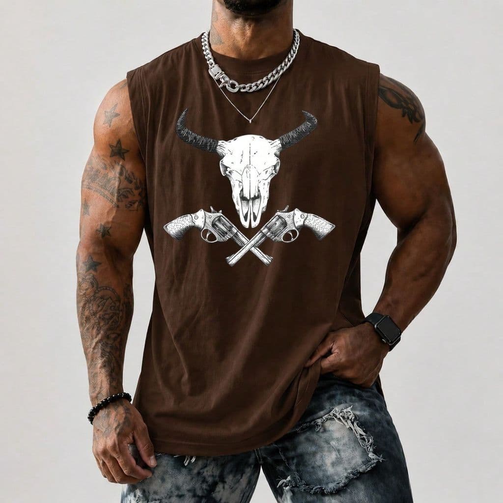 Regata Machão Masculina 100% Algodão Estampado Desenho Touro Country Armas Rural Camisa Estilo Casual Básico Confortável