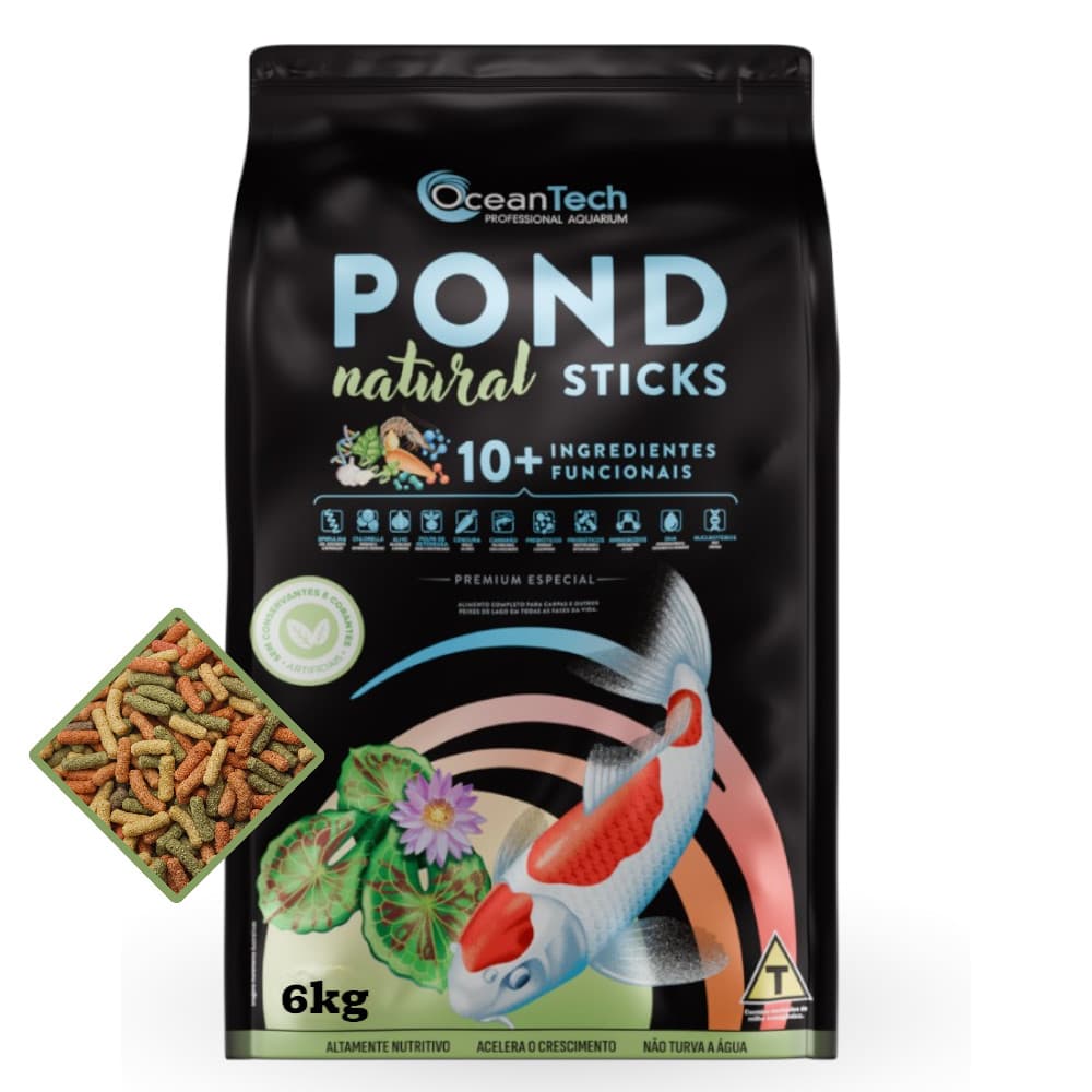Ração Oceantech Pond Natural Sticks 6kg Carpas Koi e Peixes de Lago