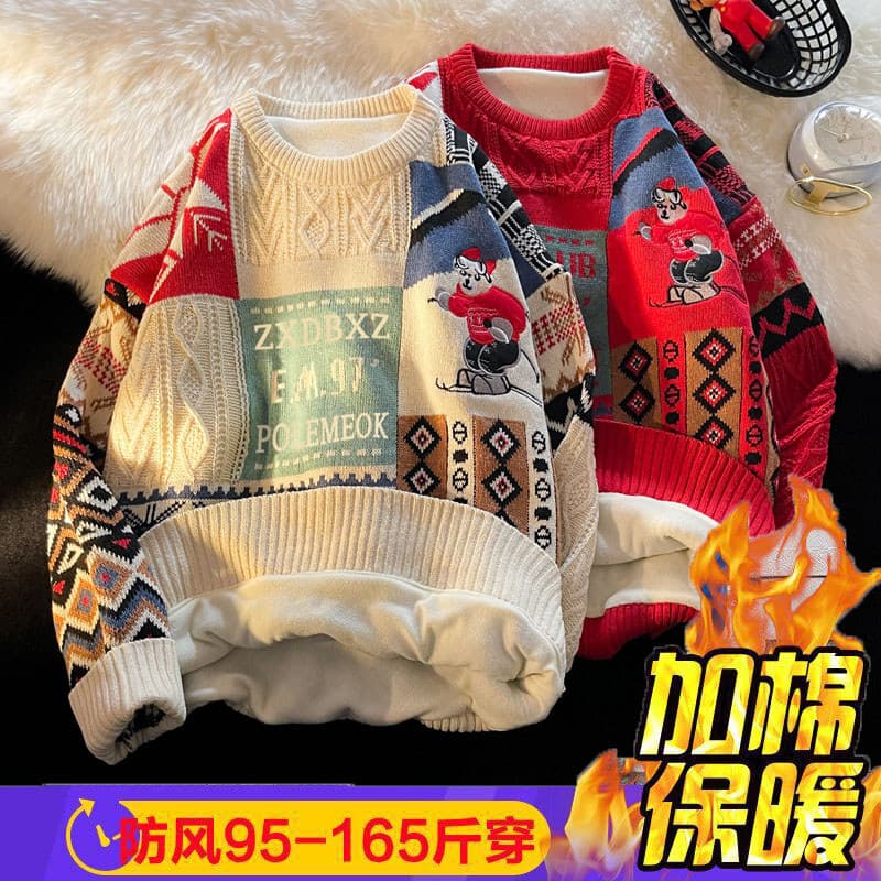 Natal vermelho camisola masculina inverno forro de lã engrossado quente malhas estilo Hong Kong Retro na moda casal cami