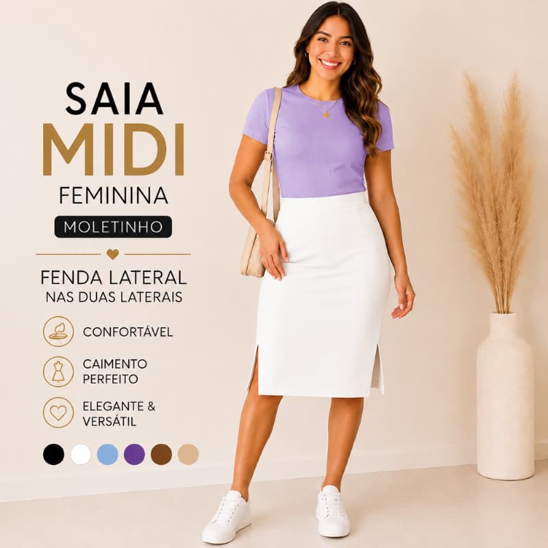 Saia Midi Feminina Moletinho Cintura Alta Com Fenda Lateral Elegante Casual |4086| Oferta