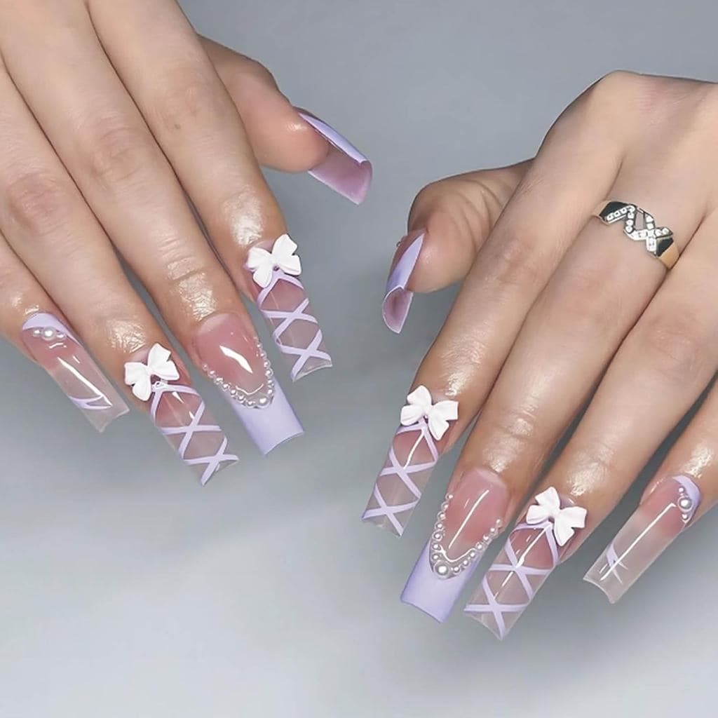 Prensa Quadrada Longa De 24 Peças Em Unhas-Postiças Roxas Claras | Falsas Francesas Gradientes 3D , Gravata Borboleta ,