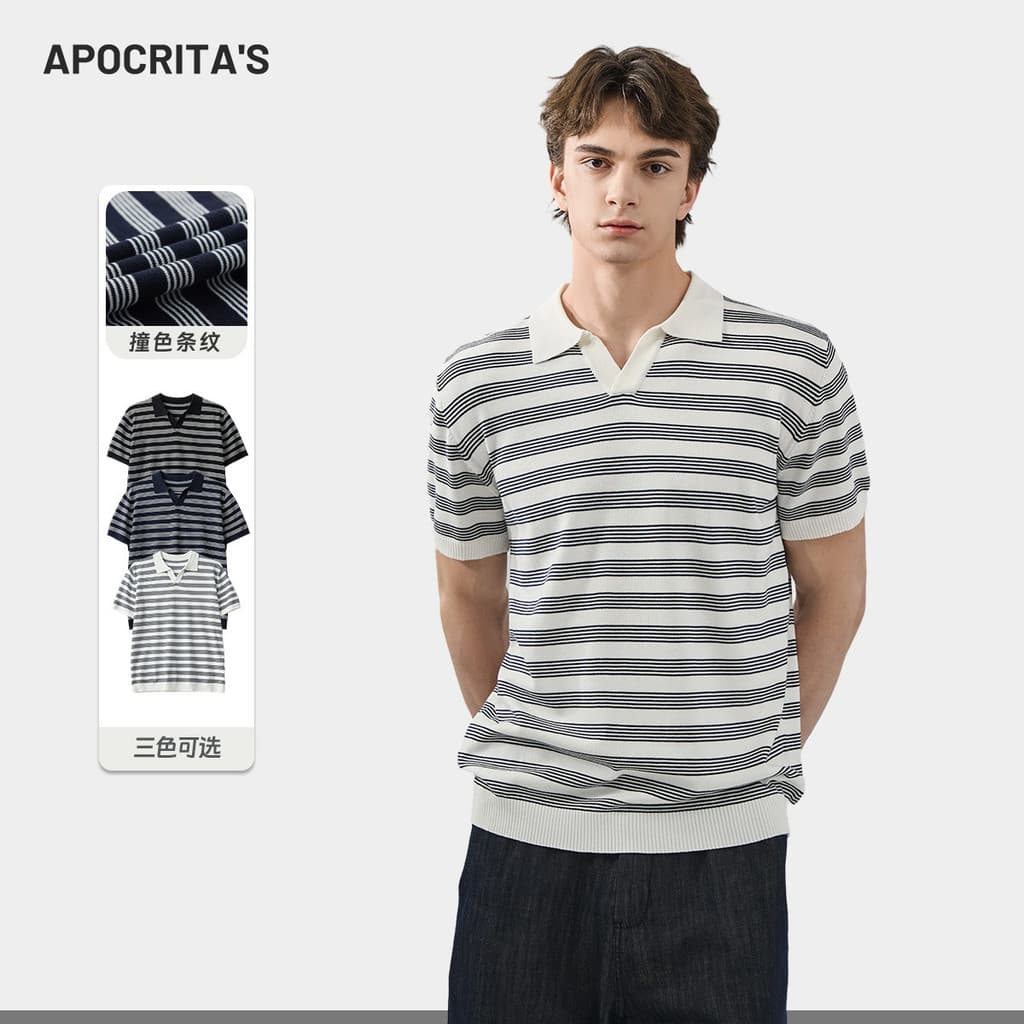 Roupas Masculinas|Camisa polo masculina de manga curta listrada de cor contrastante verão All-Match Slim-Fit gola gaivot