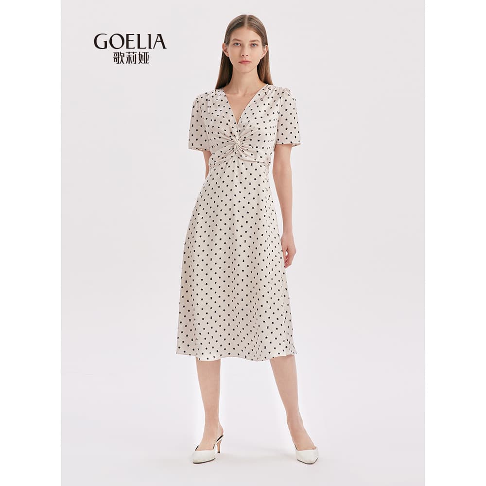 Gelia branco Retro vestido de manga curta verão feminino cetim gelo seda francês bolinhas elegante com decote em V saia