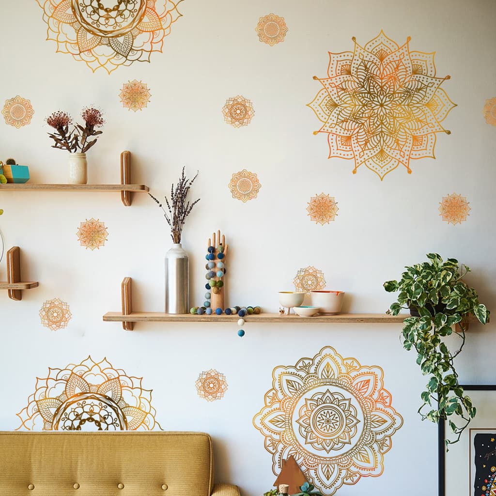 MS6363-NL Conjunto de 3 Adesivos de Parede com Mandala Boêmia e Lótus para Decoração de Sala de Estar e Quarto