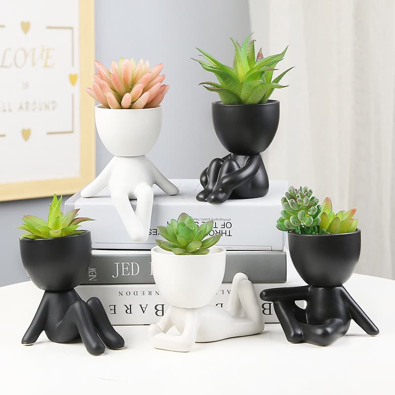 Suculentas vaso de flores simples único criativo vaso de cerâmica ornamentos mesa preto preguiçoso pequeno vaso planta