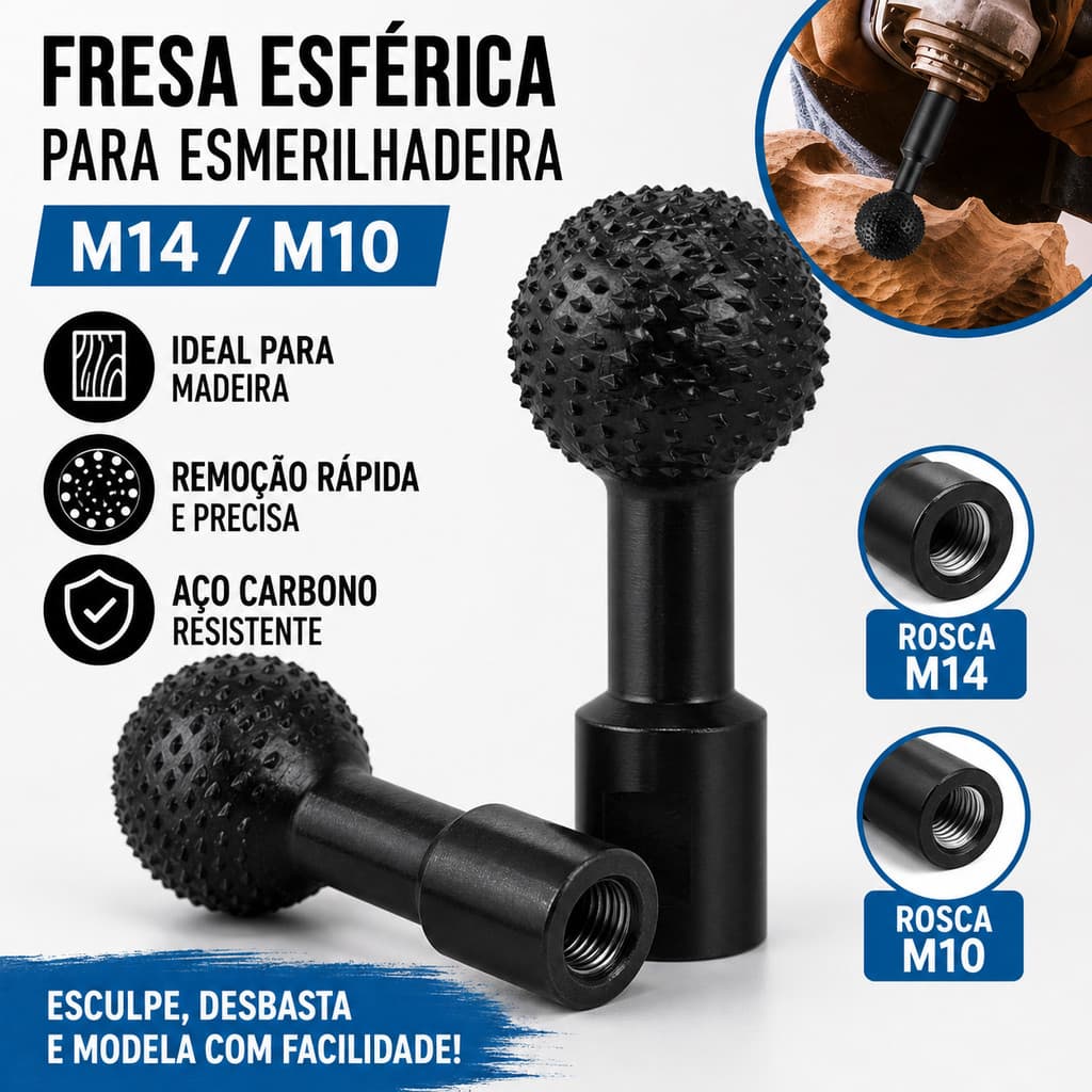 Broca Esférica M14/M10 para Madeira Escultura e Desbaste em Aço Carbono