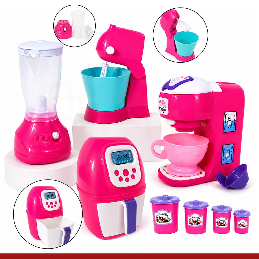 Brinquedo Menina Eletrodomésticos Rosa Cozinha Faz de Conta Cafeteira Batedeira Air Fryer