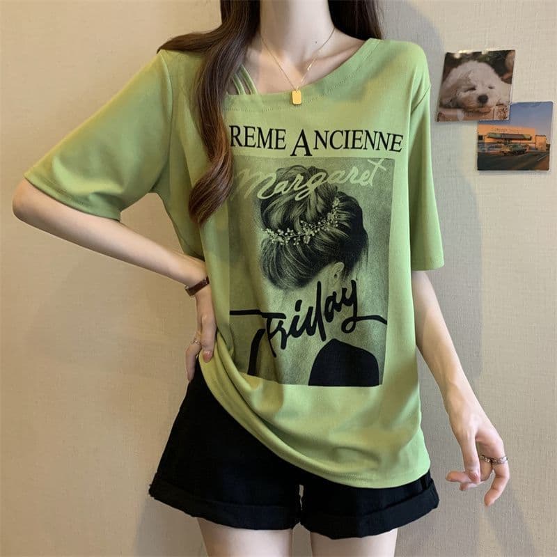 Plus Size feminino americano Retro de manga curta camiseta feminina verão 2026 novo estilo feminino solto mais magro olh