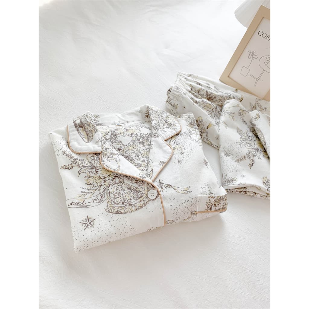 Eros |Pijama escovado de algodão puro feminino primavera outono estilo manga comprida High-End sentido elegante branco o