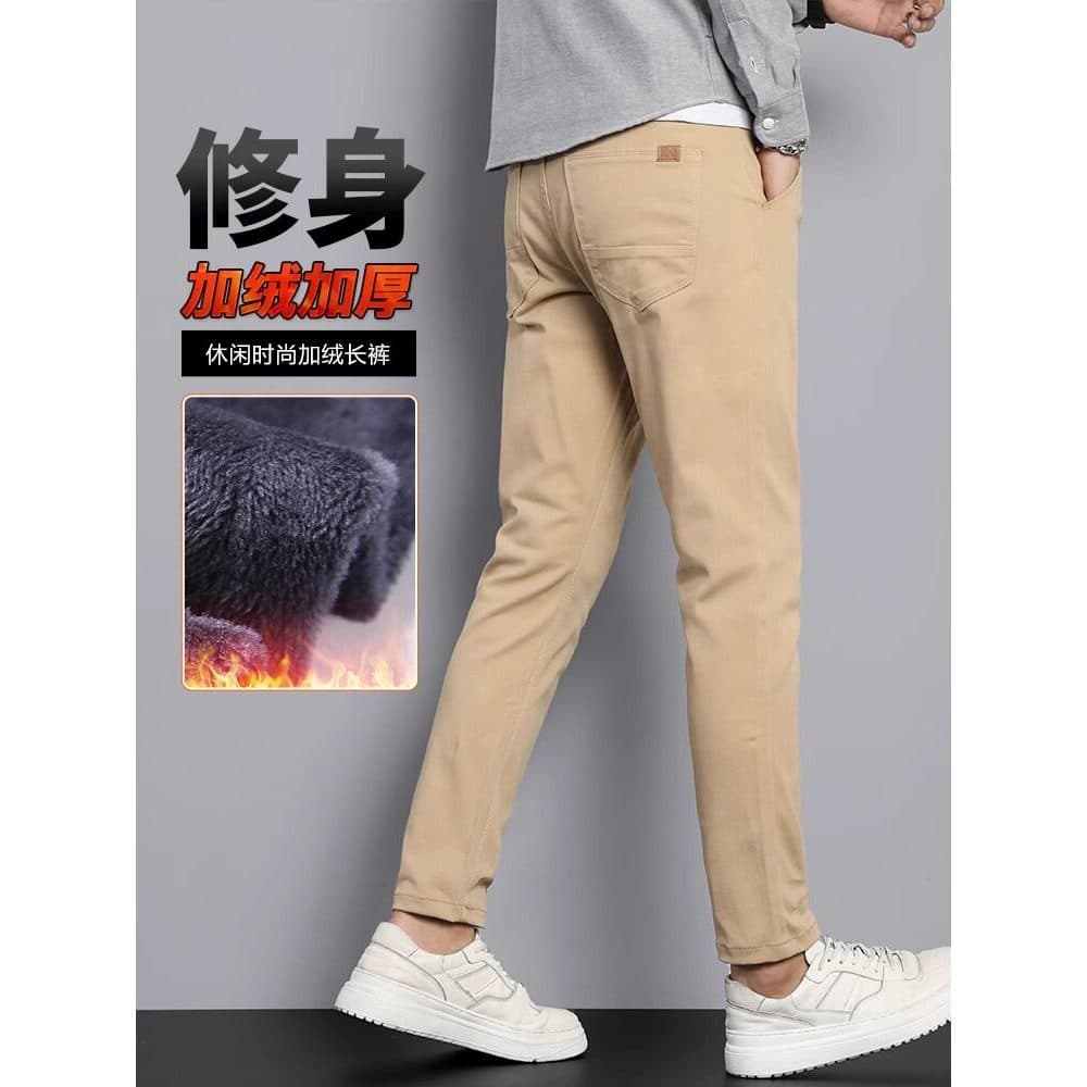 Forro de lã cáqui engrossado inverno calças casuais outono inverno masculino estiramento fino-ajuste calças de algodão p