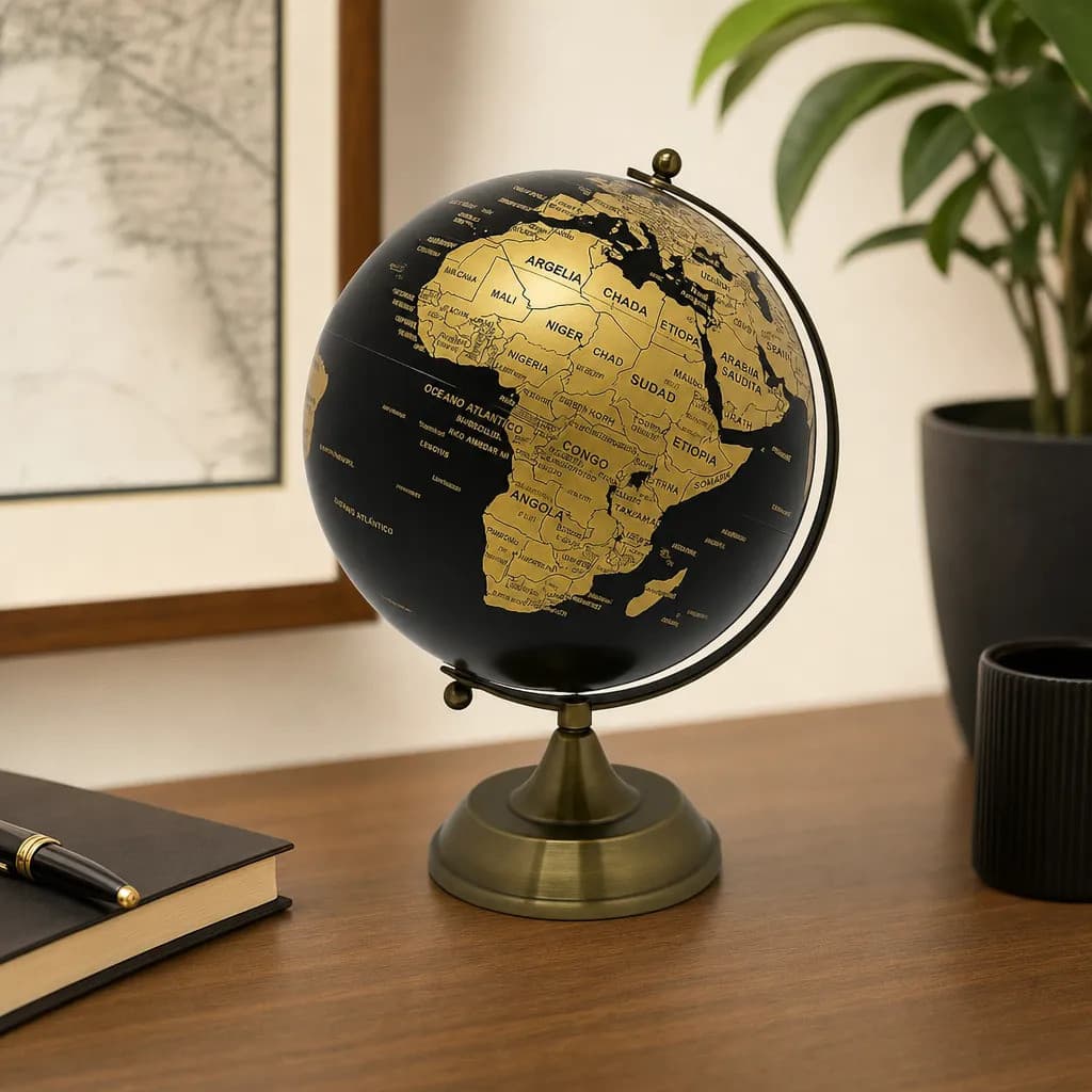 Globo Terrestre Enfeite Decorativo Plástico Metal Dourado