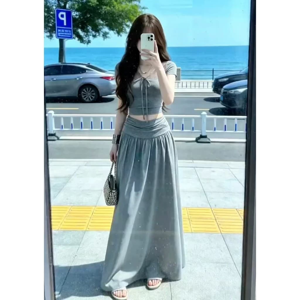 Vestido de costura de renda cinza feminino verão 2026 novo estilo gigante olhando filigrana cintura lindo temperamento s