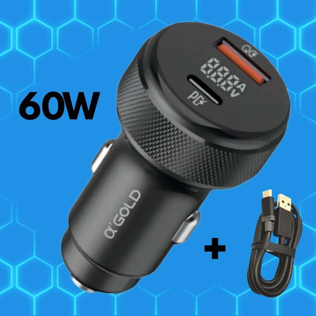 Carregador Veicular Turbo 60W A’GOLD USB + Tipo C – Carregamento Rápido para Android e IOS