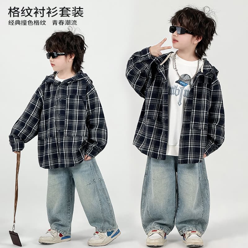 Crianças roupas meninos outono terno moletom camisa xadrez calças jeans terno de três peças moda menino na moda * ZH2779