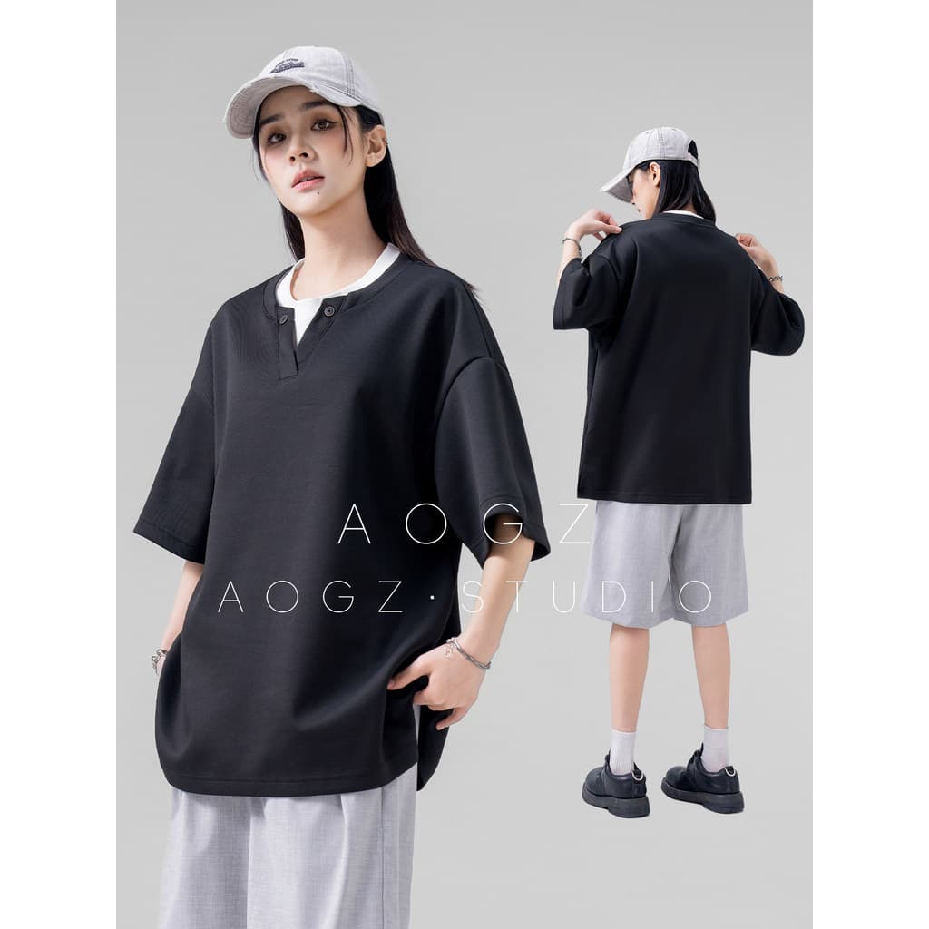AOGZ Henry colarinho pesado falso de duas peças de manga curta camiseta masculino feminino com decote em V solto casal u